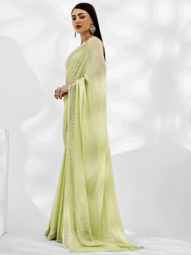 Wonderful Lime Green Swarovski Work Satin Saree With Blouse